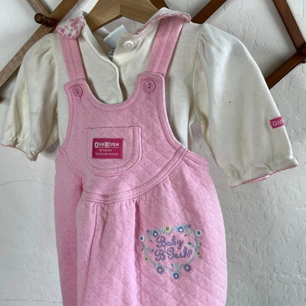 Vintage OshKosh B'gosh Baby Floral Overalls Pink Bubble Romper & Shirt